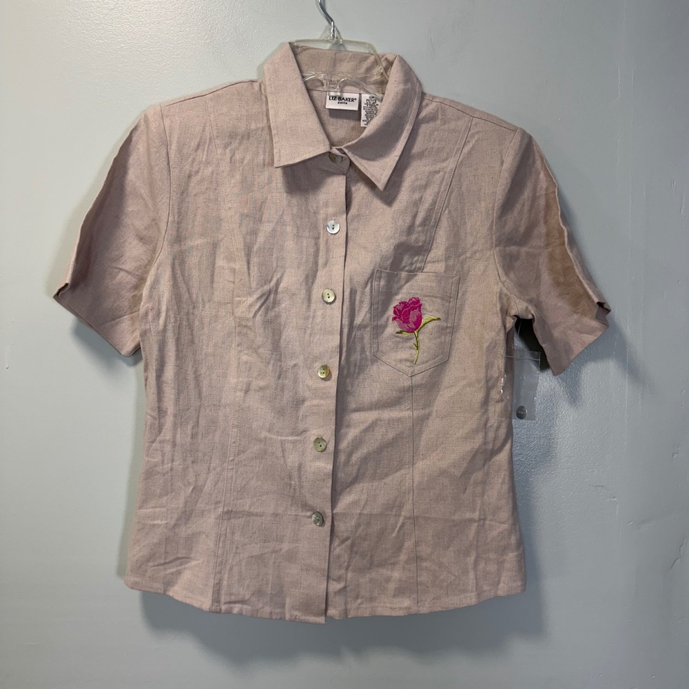 Liz Baker Petite Linen Blend Rose Embroidered Button Down Shirt Tan 10P NWOT